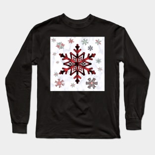 Cabin Vibes: Winter Snowflake Pattern Buffalo Red, Green and White, Wintertime Design Flannel Graphic Cozy Christmas Long Sleeve T-Shirt